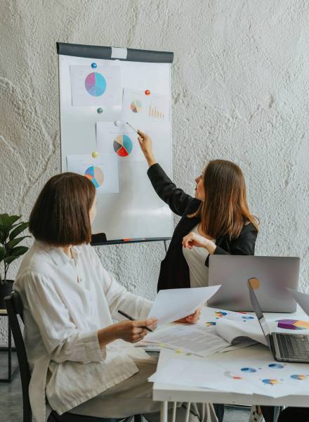 Two women collaborating in an office setting, reviewing charts and data on a flipchart.